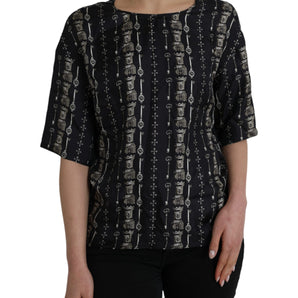 Dolce & Gabbana Black Key Castle Print Silk Blouse T-shirt