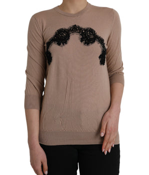 Dolce &amp; Gabbana Blusa de manga 3/4 con encaje negro y lana marrón