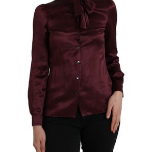 Dolce & Gabbana Maroon Ascot Collar Long Sleeve Top Blouse