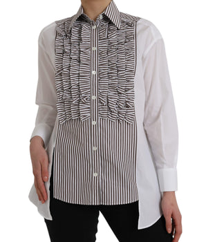 Dolce &amp; Gabbana White Stripes Cotton Long Sleeves Ruffle Collar Top