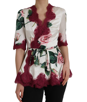 Dolce &amp; Gabbana Top de manga corta de seda con encaje floral blanco