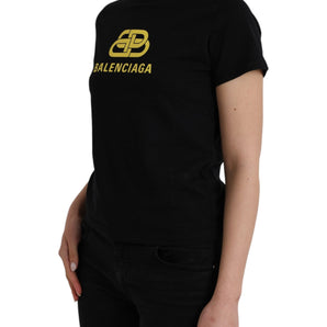 Balenciaga Black Cotton Logo Print Crew Neck Short Sleeves T-shirt