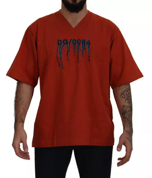 Dolce & Gabbana Red Logo Embroidery Crewneck Cotton T-shirt