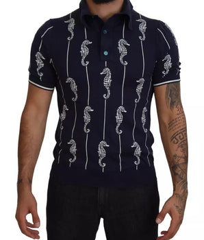 Dolce & Gabbana Dark Blue Sea Horse Collared Polo T-shirt
