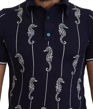 Dolce & Gabbana Dark Blue Sea Horse Collared Polo T-shirt