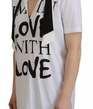 Dolce & Gabbana White Cotton Printed Ascot Collared T-shirt