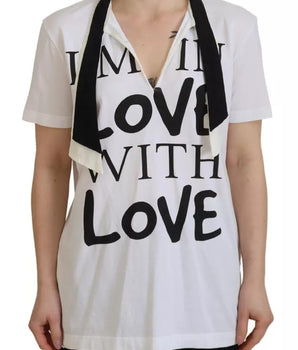 Dolce & Gabbana White Cotton Printed Ascot Collared T-shirt