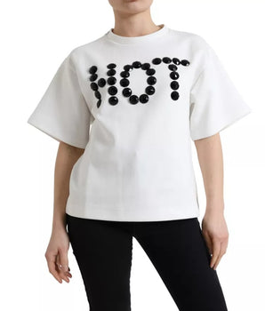 Dolce &amp; Gabbana White Cotton Stretch Black HOT Crystal T-shirt