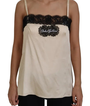 Dolce &amp; Gabbana Top bordado con logo de espagueti de encaje beige