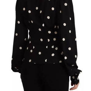 Dolce & Gabbana Black Polka Dots Silk Pussy Bow Long Sleeves Top