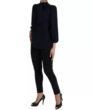 Dolce &amp; Gabbana Blusa azul de manga larga con cuello Ascot