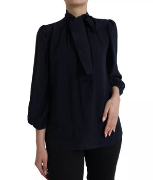 Dolce &amp; Gabbana Blusa azul de manga larga con cuello Ascot