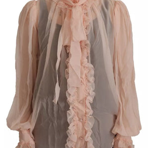 Dolce & Gabbana Light Pink Silk Ascot Collar Long Sleeves Top