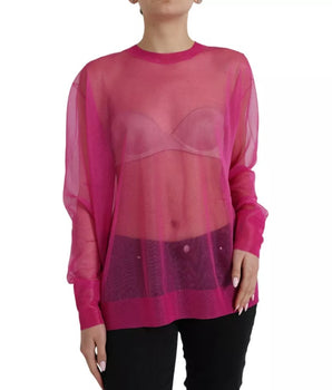 Dolce &amp; Gabbana Top rosa transparente de manga larga con cuello redondo