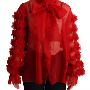 Dolce & Gabbana Red Silk Ascot Collar Ruffles Blouse Top