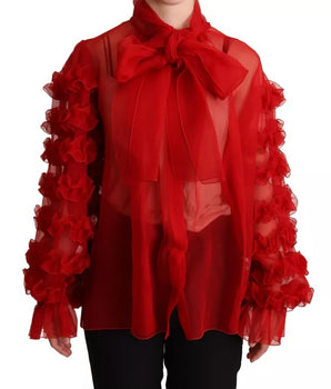 Dolce &amp; Gabbana Blusa con volantes y cuello de ascot de seda roja