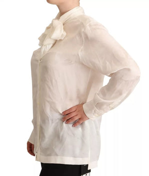 Dolce &amp; Gabbana Blusa blanca Camisa con cuello Ascot Top con botones de seda