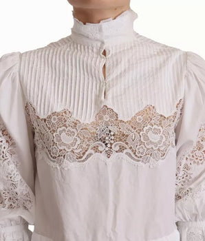 Dolce &amp; Gabbana Blusa blanca con cuello alto y ribete de encaje de algodón