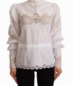 Dolce &amp; Gabbana Blusa blanca con cuello alto y ribete de encaje de algodón