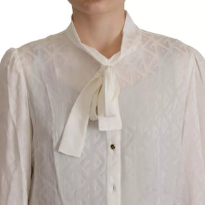 Dolce & Gabbana White Patterned Silk Ascot Collar Blouse Top