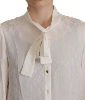 Dolce &amp; Gabbana White Patterned Silk Ascot Collar Blouse Top