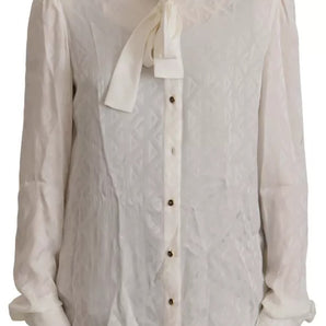 Dolce & Gabbana White Patterned Silk Ascot Collar Blouse Top