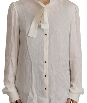 Dolce &amp; Gabbana White Patterned Silk Ascot Collar Blouse Top