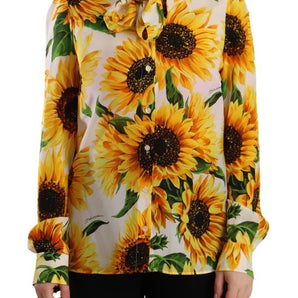 Dolce & Gabbana White Sunflower Silk Ascot Collar Blouse Top