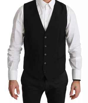 Dolce & Gabbana Black Stretch Waistcoat Formal Dress Wool Vest