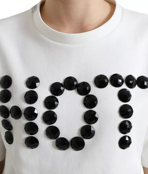 Dolce &amp; Gabbana White Cotton Stretch Black HOT Crystal T-shirt