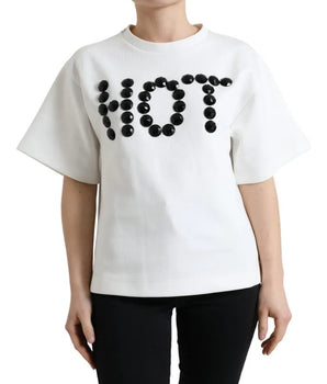Dolce &amp; Gabbana White Cotton Stretch Black HOT Crystal T-shirt
