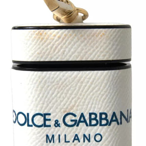 Dolce & Gabbana White Blue Calf Leather Logo Print Strap Airpods Case