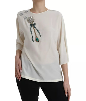 Dolce &amp; Gabbana White Silk Crystal 3/4 Sleeves Blouse Top