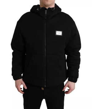 Dolce & Gabbana Black Cotton Hooded Logo Bomber Men Jacket
