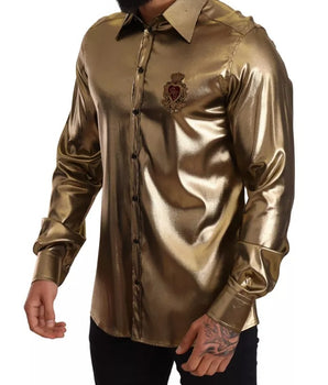 Dolce &amp; Gabbana Metallic Gold DG Embroidered Crown Silk Top Shirt
