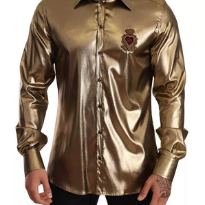 Dolce & Gabbana Metallic Gold DG Embroidered Crown Silk Top Shirt