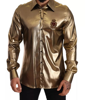 Dolce &amp; Gabbana Metallic Gold DG Embroidered Crown Silk Top Shirt