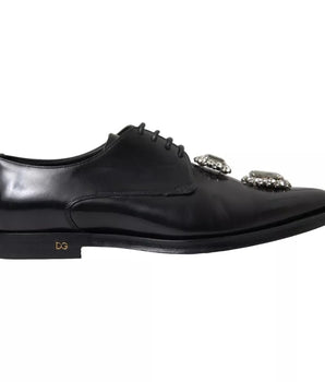 Dolce & Gabbana Black Leather Crystal Lace Up Formal Shoes