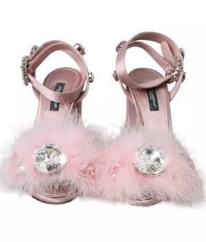 Dolce & Gabbana Pink Turkey Feather Crystal Sandals Shoes