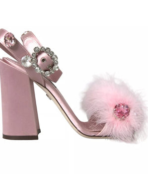 Dolce & Gabbana Pink Turkey Feather Crystal Sandals Shoes