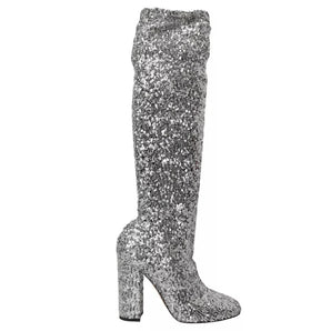 Dolce & Gabbana Silver Sequined High Boots Stretch Shoes