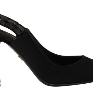 Dolce & Gabbana Black Embellished Heels Slingback Charmeuse Shoes