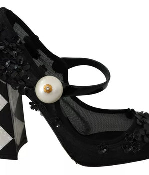 Dolce & Gabbana Black Floral Embellish Heels Mary Janes Pumps Shoes