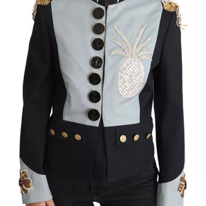 Dolce & Gabbana Blue Button Crystal Embellished Cotton Jacket