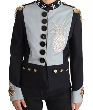 Dolce &amp; Gabbana Blue Button Crystal Embellished Cotton Jacket