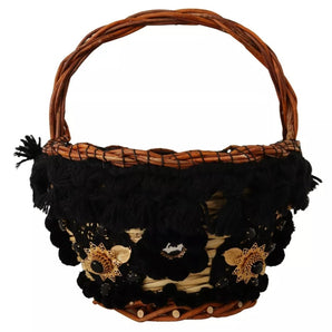 Dolce & Gabbana Black Beige Straw Basket Tote Pom Pom Crystals Bag