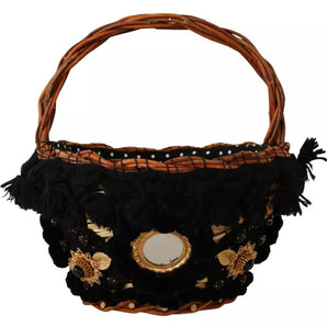 Dolce & Gabbana Black Beige Straw Basket Tote Pom Pom Crystals Bag