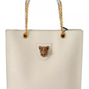 Dolce & Gabbana White Crystal Leopard Head Leather JUNGLE Tote Bag