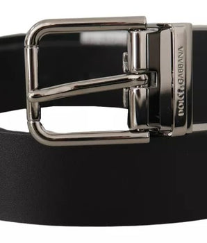 Dolce &amp; Gabbana Black Calf Leather Logo Engraved Metal Buckle Belt