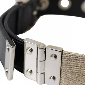 Dolce & Gabbana Black Leather Beige Strap Silver Metal Buckle Belt